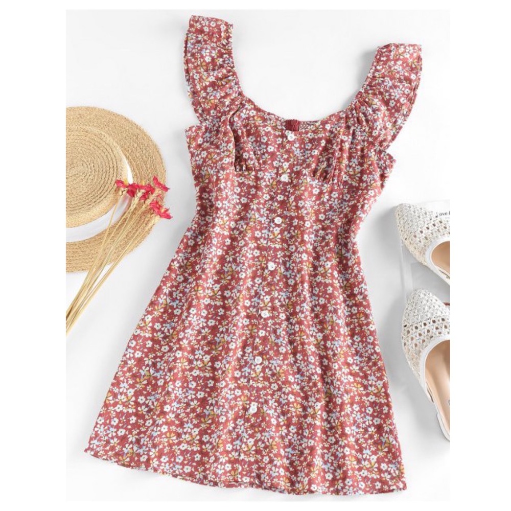 NWT ZAFUL Flower Mock Button Ruffle Mini Dress size Small